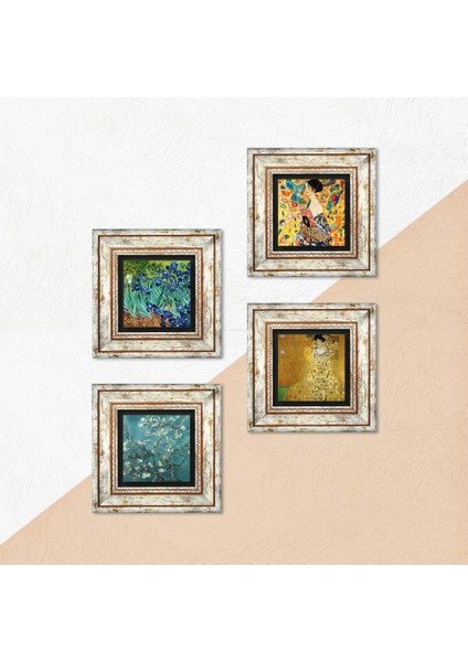 Gustav Klimt, Van Gogh Taş Duvar Tablosu Çerçeveli Duvar Dekoru 4 Parça Tablo Seti Wall Art T4-679
