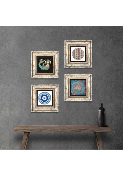 Nazar, Yaşam Çiçeği, Şahmeran Taş Duvar Tablosu Çerçeveli Duvar Dekoru 4 Parça Tablo Seti Wall Art T4-830