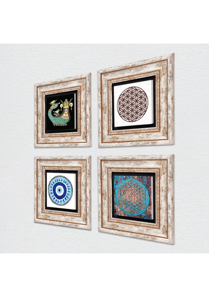 Nazar, Yaşam Çiçeği, Şahmeran Taş Duvar Tablosu Çerçeveli Duvar Dekoru 4 Parça Tablo Seti Wall Art T4-830