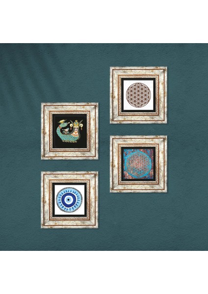 Nazar, Yaşam Çiçeği, Şahmeran Taş Duvar Tablosu Çerçeveli Duvar Dekoru 4 Parça Tablo Seti Wall Art T4-830