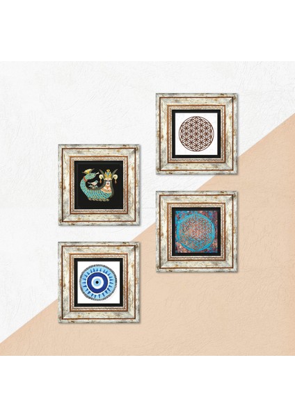 Nazar, Yaşam Çiçeği, Şahmeran Taş Duvar Tablosu Çerçeveli Duvar Dekoru 4 Parça Tablo Seti Wall Art T4-830