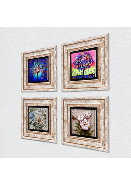 Kelebekli Çiçek, Hayat Ağacı Taş Duvar Tablosu Çerçeveli Duvar Dekoru 4 Parça Tablo Seti Wall Art T4-842