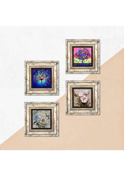 Kelebekli Çiçek, Hayat Ağacı Taş Duvar Tablosu Çerçeveli Duvar Dekoru 4 Parça Tablo Seti Wall Art T4-842
