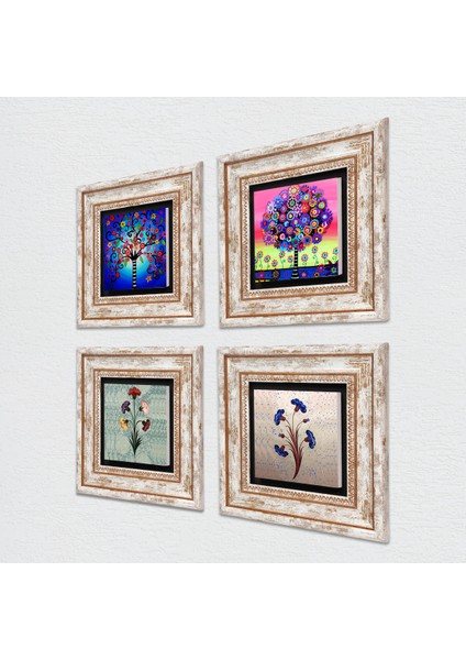 Ebru Sanatı, Hayat Ağacı Çerçeveli Taş Duvar Tablosu 4’lü Set - Dekoratif Modern Sanat, Ev ve Ofis Dekoru |TK4-844| fiyatları