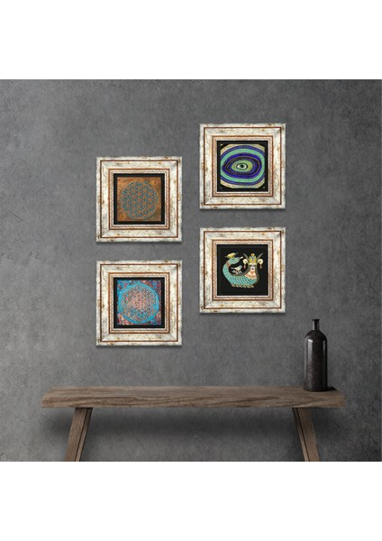 Nazar, Yaşam Çiçeği, Şahmeran Çerçeveli Taş Duvar Tablosu 4’lü Set - Dekoratif Modern Sanat, Ev ve Ofis Dekoru |TK4-482|