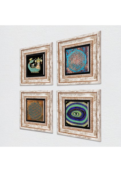Nazar, Yaşam Çiçeği, Şahmeran Çerçeveli Taş Duvar Tablosu 4’lü Set - Dekoratif Modern Sanat, Ev ve Ofis Dekoru |TK4-482| fiyatları