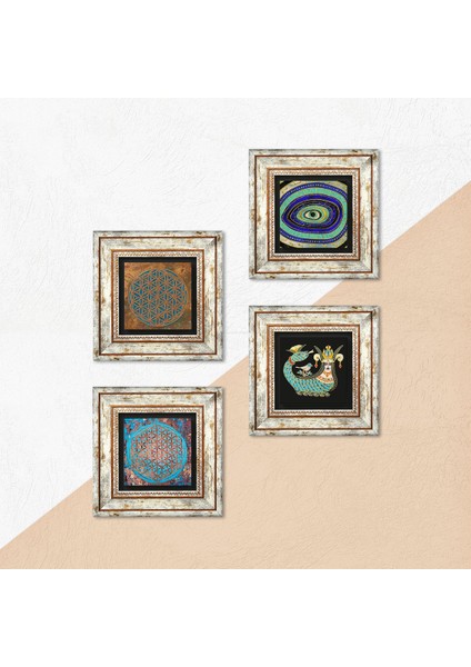 Nazar, Yaşam Çiçeği, Şahmeran Çerçeveli Taş Duvar Tablosu 4’lü Set - Dekoratif Modern Sanat, Ev ve Ofis Dekoru |TK4-482| indirimleri