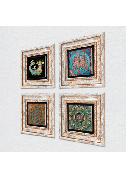 Mandala, Yaşam Çiçeği, Şahmeran Çerçeveli Taş Duvar Tablosu 4’lü Set - Dekoratif Modern Sanat, Ev ve Ofis Dekoru |TK4-489| fiyatları