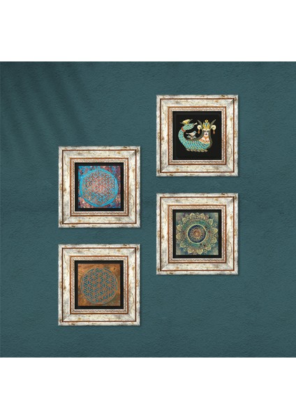Mandala, Yaşam Çiçeği, Şahmeran Çerçeveli Taş Duvar Tablosu 4’lü Set - Dekoratif Modern Sanat, Ev ve Ofis Dekoru |TK4-489| fırsatları
