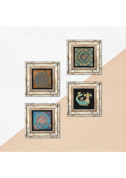 Mandala, Yaşam Çiçeği, Şahmeran Çerçeveli Taş Duvar Tablosu 4’lü Set - Dekoratif Modern Sanat, Ev ve Ofis Dekoru |TK4-489| indirimleri