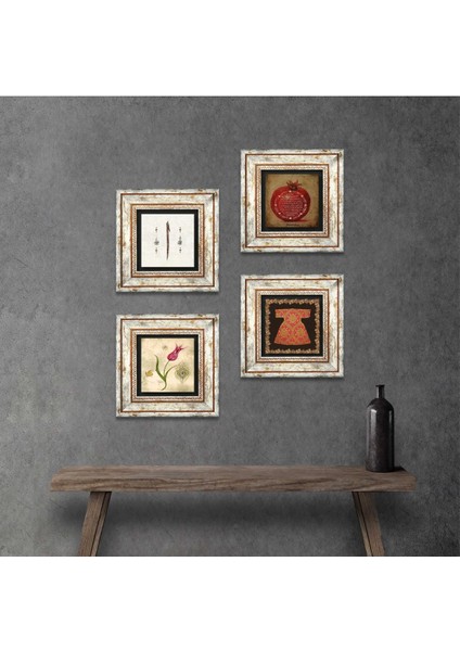 Hırka-i Şerif, Lale, Elif, Bereket Duası Taş Duvar Tablosu Çerçeveli Duvar Dekoru 4 Parça Tablo Seti Wall Art T4-665