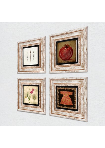 Hırka-i Şerif, Lale, Elif, Bereket Duası Taş Duvar Tablosu Çerçeveli Duvar Dekoru 4 Parça Tablo Seti Wall Art T4-665