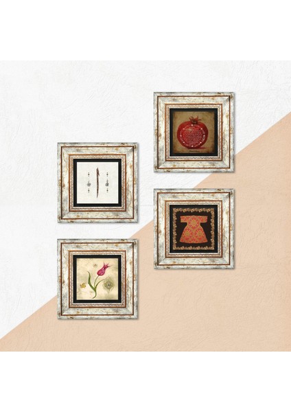 Hırka-i Şerif, Lale, Elif, Bereket Duası Taş Duvar Tablosu Çerçeveli Duvar Dekoru 4 Parça Tablo Seti Wall Art T4-665