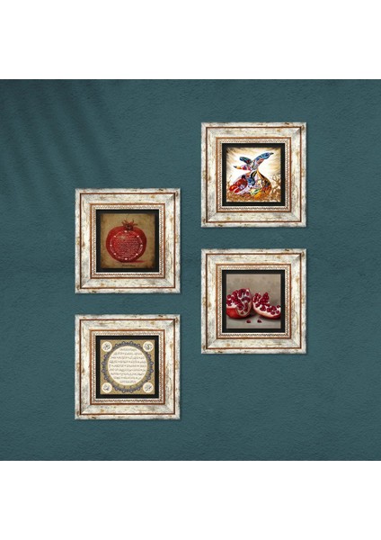 Hilye-i Şerif, Bereket Duası, Semazen, Nar Taş Duvar Tablosu Çerçeveli Duvar Dekoru 4 Parça Tablo Seti Wall Art T4-652