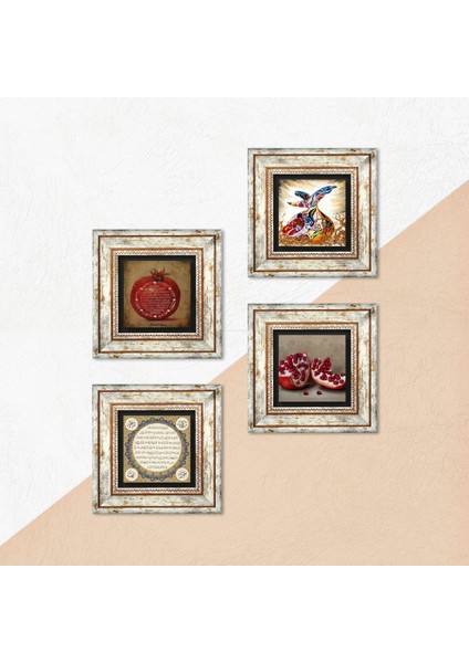 Hilye-i Şerif, Bereket Duası, Semazen, Nar Taş Duvar Tablosu Çerçeveli Duvar Dekoru 4 Parça Tablo Seti Wall Art T4-652
