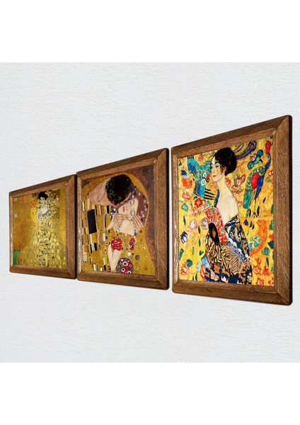 Gustav Klimt Yelpazeli Kadın, Bauer'in Portresi, Öpücük Taş Duvar Tablosu Ahşap Çerçeveli Duvar Dekoru 3 Parça Tablo Seti Wall Art W3-91