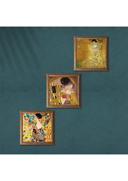 Gustav Klimt Yelpazeli Kadın, Bauer'in Portresi, Öpücük Taş Duvar Tablosu Ahşap Çerçeveli Duvar Dekoru 3 Parça Tablo Seti Wall Art W3-91