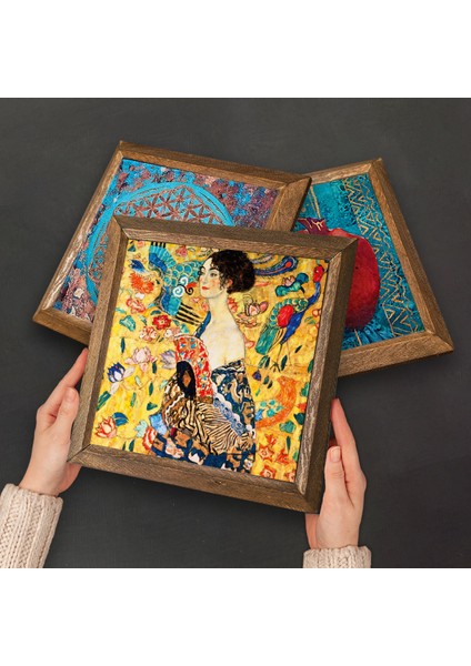Gustav Klimt Yelpazeli Kadın, Bauer'in Portresi, Öpücük Taş Duvar Tablosu Ahşap Çerçeveli Duvar Dekoru 3 Parça Tablo Seti Wall Art W3-91