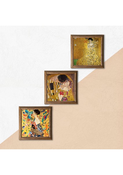 Gustav Klimt Yelpazeli Kadın, Bauer'in Portresi, Öpücük Taş Duvar Tablosu Ahşap Çerçeveli Duvar Dekoru 3 Parça Tablo Seti Wall Art W3-91