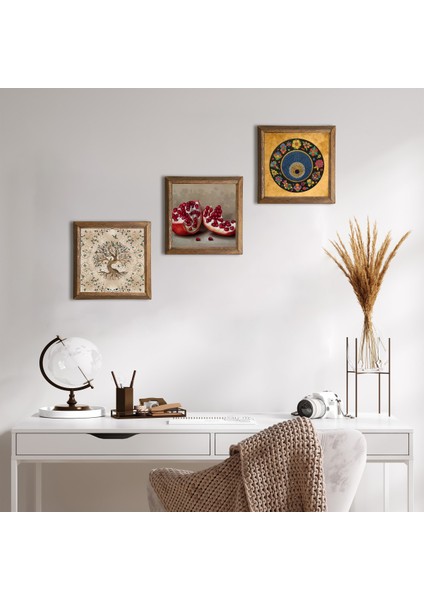 Nazar Boncuğu, Hayat Ağacı, Nar Taş Duvar Tablosu Ahşap Çerçeveli Duvar Dekoru 3 Parça Tablo Seti Wall Art W3-910