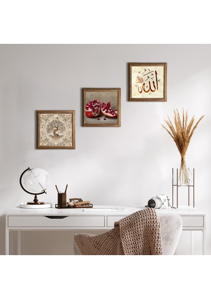 Allah Lafzı, Hayat Ağacı, Nar Taş Duvar Tablosu Ahşap Çerçeveli Duvar Dekoru 3 Parça Tablo Seti Wall Art W3-915