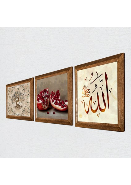 Allah Lafzı, Hayat Ağacı, Nar Taş Duvar Tablosu Ahşap Çerçeveli Duvar Dekoru 3 Parça Tablo Seti Wall Art W3-915 fiyatları