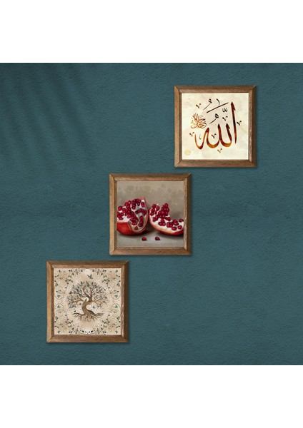 Allah Lafzı, Hayat Ağacı, Nar Taş Duvar Tablosu Ahşap Çerçeveli Duvar Dekoru 3 Parça Tablo Seti Wall Art W3-915 modelleri
