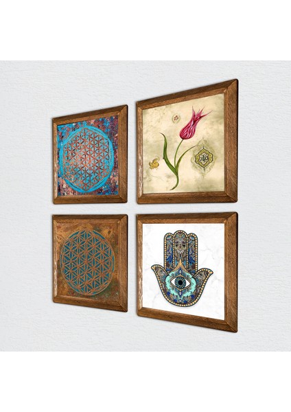 Stone Yaşam Çiçeği, Lale, Fatma Ana Eli (Hamsa) Ahşap Çerçeveli Taş Duvar Tablosu 4’lü Set – 25x25 cm Dekoratif Modern Sanat – Ev ve Ofis Dekoru |W4-406| fiyatları