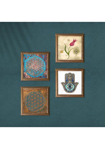 Stone Yaşam Çiçeği, Lale, Fatma Ana Eli (Hamsa) Ahşap Çerçeveli Taş Duvar Tablosu 4’lü Set – 25x25 cm Dekoratif Modern Sanat – Ev ve Ofis Dekoru |W4-406| modelleri
