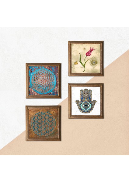 Stone Yaşam Çiçeği, Lale, Fatma Ana Eli (Hamsa) Ahşap Çerçeveli Taş Duvar Tablosu 4’lü Set – 25x25 cm Dekoratif Modern Sanat – Ev ve Ofis Dekoru |W4-406| indirimleri