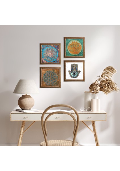 Yaşam Çiçeği, Lotus Çiçeği, Fatma Ana Eli (Hamsa) Taş Duvar Tablosu Ahşap Çerçeveli Duvar Dekoru 4 Parça Tablo Seti Wall Art W4-424