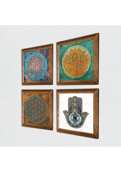 Yaşam Çiçeği, Lotus Çiçeği, Fatma Ana Eli (Hamsa) Taş Duvar Tablosu Ahşap Çerçeveli Duvar Dekoru 4 Parça Tablo Seti Wall Art W4-424