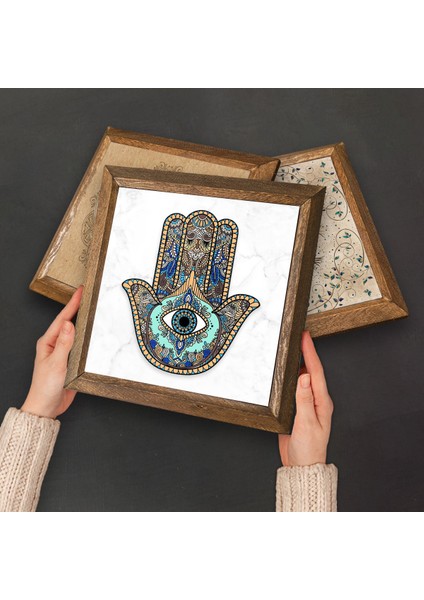 Yaşam Çiçeği, Lotus Çiçeği, Fatma Ana Eli (Hamsa) Taş Duvar Tablosu Ahşap Çerçeveli Duvar Dekoru 4 Parça Tablo Seti Wall Art W4-424
