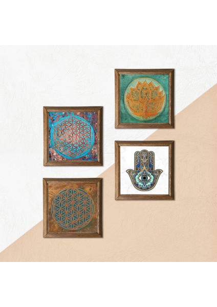 Yaşam Çiçeği, Lotus Çiçeği, Fatma Ana Eli (Hamsa) Taş Duvar Tablosu Ahşap Çerçeveli Duvar Dekoru 4 Parça Tablo Seti Wall Art W4-424