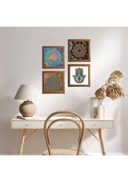 Stone Sri Yantra, Yaşam Çiçeği, Fatma Ana Eli (Hamsa) Ahşap Çerçeveli Taş Duvar Tablosu 4’lü Set – 25x25 cm Dekoratif Modern Sanat – Ev ve Ofis Dekoru |W4-425|