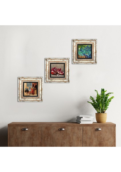 Van Gogh İrisler, Satranç Oyunu, Nar Taş Duvar Tablosu Çerçeveli Duvar Dekoru 3 Parça Tablo Seti Wall Art T3-1592