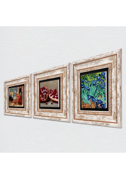 Van Gogh İrisler, Satranç Oyunu, Nar Taş Duvar Tablosu Çerçeveli Duvar Dekoru 3 Parça Tablo Seti Wall Art T3-1592