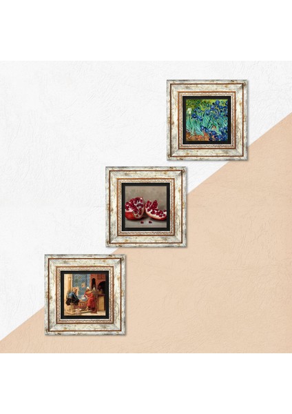 Van Gogh İrisler, Satranç Oyunu, Nar Taş Duvar Tablosu Çerçeveli Duvar Dekoru 3 Parça Tablo Seti Wall Art T3-1592