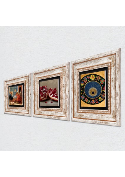 Nazar Boncuğu, Satranç Oyunu, Nar Taş Duvar Tablosu Çerçeveli Duvar Dekoru 3 Parça Tablo Seti Wall Art T3-1600 fiyatları