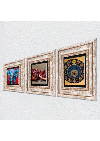 Stone Fil, Nazar, Nar Çerçeveli Taş Duvar Tablosu 3’lü Set - Dekoratif Modern Sanat, Ev ve Ofis Dekoru |TK3-1614| fiyatları