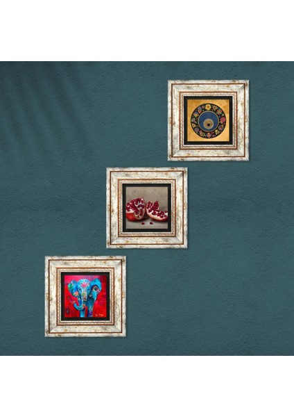 Stone Fil, Nazar, Nar Çerçeveli Taş Duvar Tablosu 3’lü Set - Dekoratif Modern Sanat, Ev ve Ofis Dekoru |TK3-1614| fırsatları