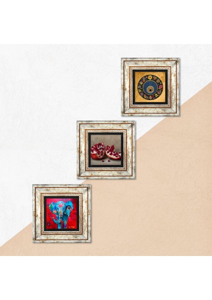 Stone Fil, Nazar, Nar Çerçeveli Taş Duvar Tablosu 3’lü Set - Dekoratif Modern Sanat, Ev ve Ofis Dekoru |TK3-1614| indirimleri