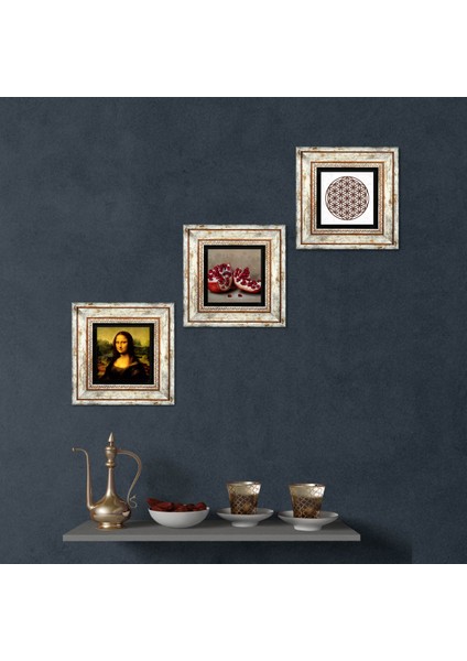 Yaşam Çiçeği, Leonardo da Vinci Mona Lisa, Nar Çerçeveli Taş Duvar Tablosu 3’lü Set - Dekoratif Modern Sanat, Ev ve Ofis Dekoru |TK3-1424|