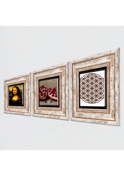 Yaşam Çiçeği, Leonardo da Vinci Mona Lisa, Nar Çerçeveli Taş Duvar Tablosu 3’lü Set - Dekoratif Modern Sanat, Ev ve Ofis Dekoru |TK3-1424| fiyatları