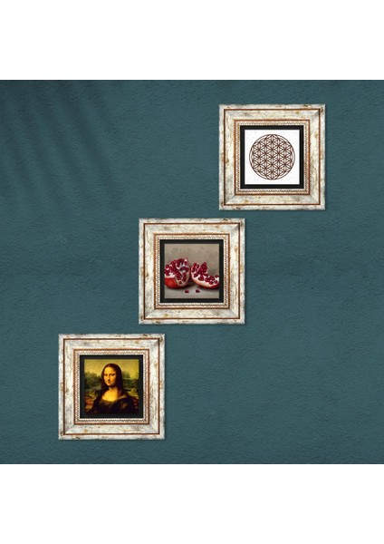 Yaşam Çiçeği, Leonardo da Vinci Mona Lisa, Nar Çerçeveli Taş Duvar Tablosu 3’lü Set - Dekoratif Modern Sanat, Ev ve Ofis Dekoru |TK3-1424| fırsatları