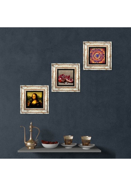 Mandala, Leonardo da Vinci Mona Lisa, Nar Taş Duvar Tablosu Çerçeveli Duvar Dekoru 3 Parça Tablo Seti Wall Art T3-1436
