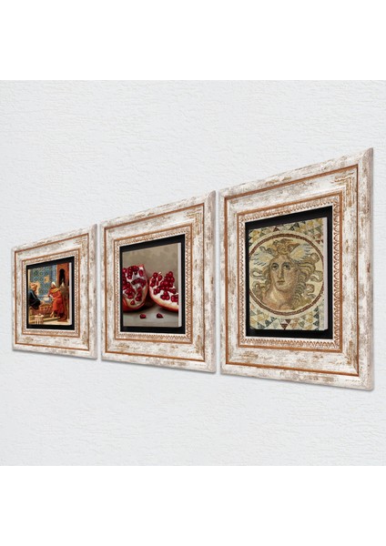 Mozaik Serisi, Satranç Oyunu, Nar Taş Duvar Tablosu Çerçeveli Duvar Dekoru 3 Parça Tablo Seti Wall Art T3-1595