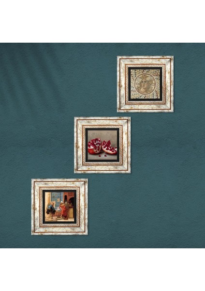 Mozaik Serisi, Satranç Oyunu, Nar Taş Duvar Tablosu Çerçeveli Duvar Dekoru 3 Parça Tablo Seti Wall Art T3-1595