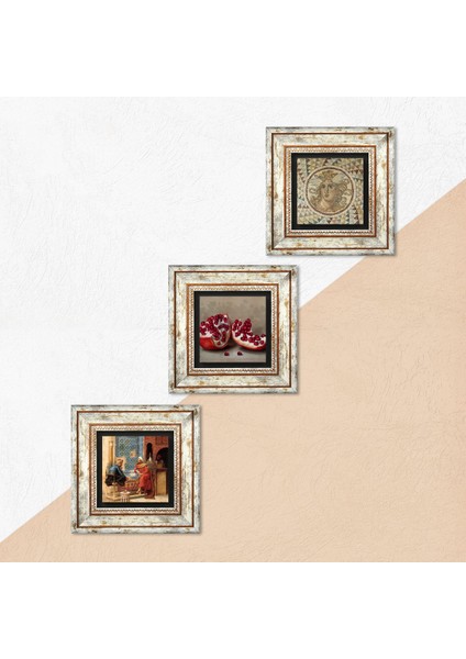 Mozaik Serisi, Satranç Oyunu, Nar Taş Duvar Tablosu Çerçeveli Duvar Dekoru 3 Parça Tablo Seti Wall Art T3-1595