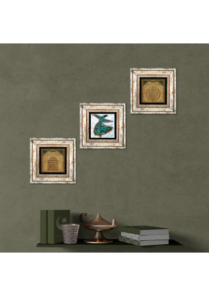 Semazen, Bereket Duası, Ayet-el Kürsi Taş Duvar Tablosu Çerçeveli Duvar Dekoru 3 Parça Tablo Seti Wall Art T3-176